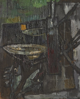 Pintura de Fernando Peiró Coronado 'Bodegón de tenedores y pescados', óleo sobre tabla pintada en 1960. Medidas, 73x59.