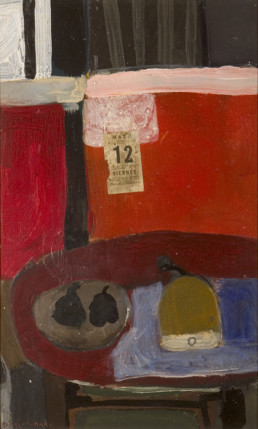 'Bodegón con mesa roja' obra de Fernando Peiró Coronado realizada en 1967 a base de pigmentos con látex sobre tablero. Medidas, 75x46.