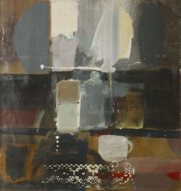 Pintura de Fernando Peiró Coronado, 'Entre los cacharros apareció la tacita', obra realizada con pigmentos al látex sobre cartulina. Medidas 51x48. Representación de una escena cotidiana