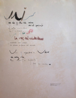 Poema 'Mirar un día y otro día' de José Antonio Labordeta y grafíado sobre la cartulina por Peiró Coronado. Aventura compartida. 63x49.