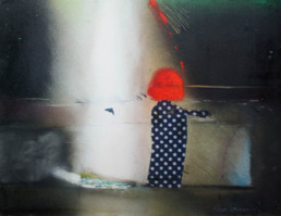 Pintura 'Pensando en mi hija niña' de Peiró Coronado, medidas 25x33, realizada con spray, óleo y tela sobre cartulina preparada con polvo de mármol y látex.