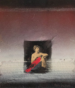 Pintura de Fernando Peiró Coronado realizada con spray, óleo y collage sobre cartulina preparada con polvo de mármol y látex. 24x21.