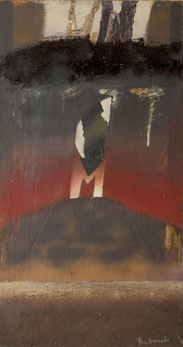 Pintura 'El Gólgota' de Fernando Peiró Coronado. 56x26. Óleo, ceras y collage sobre tabla preparada con polvo de mármol y látex.