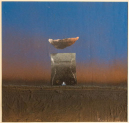 Pintura 'Integración en el orden cósmico' de Fernando Peiró Coronado, 1977. Obra realizada con spray, óleo, ceras y collage sobre cartulina preparada con arena y látex.
