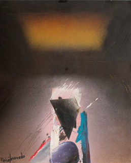 Pintura 'Afortunadamente ido' de Fernando Peiró Coronado, realizada con spray, óleo y collage sobre cartulina preparada con arena y látex. Medidas 35x29