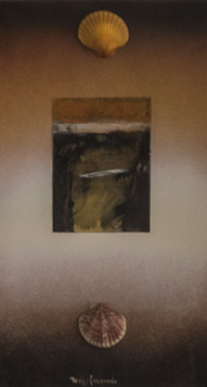Pintura de Fernando Peiró Coronado. 'Tarde de otoño con dudas' . Medidas 48x26. Técnica, spray, conchas y collage de papel trabajado con ceras.