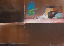 Pintura de Fernando Peiró Coronado. 'Composición para violoncello' realizada en 1978. Técnica, spray, ceras, pastel y collage sobre cartulina.