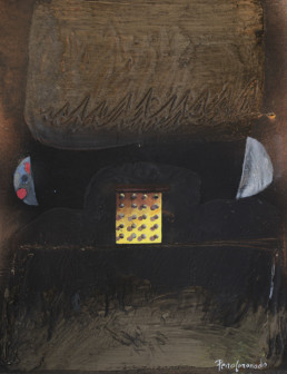Pintura de Peiró Coronado, 'Génesis con lunas', realizada con óleo y spray sobre tabla preparada con polvo de mármol. Medidas, 33x25.