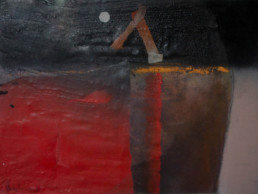 Pintura 'Pasiones hacia lo desconocido' de Fernando Peiró Coronado realizada óleo, ceras y collage sobre cartulina preparada con arena y látex.. Medidas 58x30.