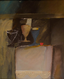 'Bodegón de las copas' obra de Fernando Peiró Coronado, pintura realizada sobre tabla preparada con arena y létex. Medidas, 55x46.