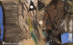 Obra de pequeño formato de Fernando Peiró Coronado. Técnica mixta: óleo, ceras, tela y papel sobre tabla preparada con polvo de mármol.