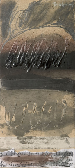 Pintura de Fernando Peiró Coronado realizada en 1998 'Composición musical' , técnica mixta: óleo, spray, collage y lápiz sobre tablero.