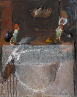 'Con Sergio Forés', obra de Fernando Peiró Coronado. Medidas, 32x25. Técnica mixta: óleo y ceras sobre tabla preparada matéricamente.