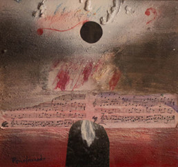 'Magia en clave de sol', de Fernando Peiró Coronado. 26x28. Óleo, ceras, spray y papel en una composición en la que la música es protagonista. Medidas 26x28
