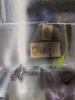 Pintura de Fernando Peiró Coronado, 'Decisión con dudas', obra realizada con spray, óleo, ceras y collage sobre cartulina. Medidas 39x29