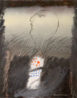 Pintura de Fernando Peiró Coronado. 'Personaje más que frecuente', obra realizada con spray y óleo sobre cartulina preparada con polvo de mármol y látex. Medidas 33x25.