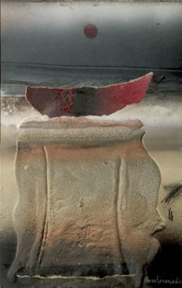 Pintura 'Génesis del hombre' de Fernando Peiró Coronado. Obra realizada con spray, óleo y collage sobre cartulina preparada con arena y látex.