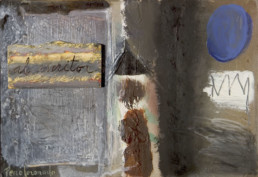 Pintura de Fernando Peiró Coronado. 'Al escritor' obra de pequeño formato, medidas 15x21. Técnica, spray, óleo, ceras y tela sobre cartulina.