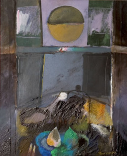 'Bodegón ante la ventana' pintura de Peiró Coronado sobre tabla preparada matéricamente.